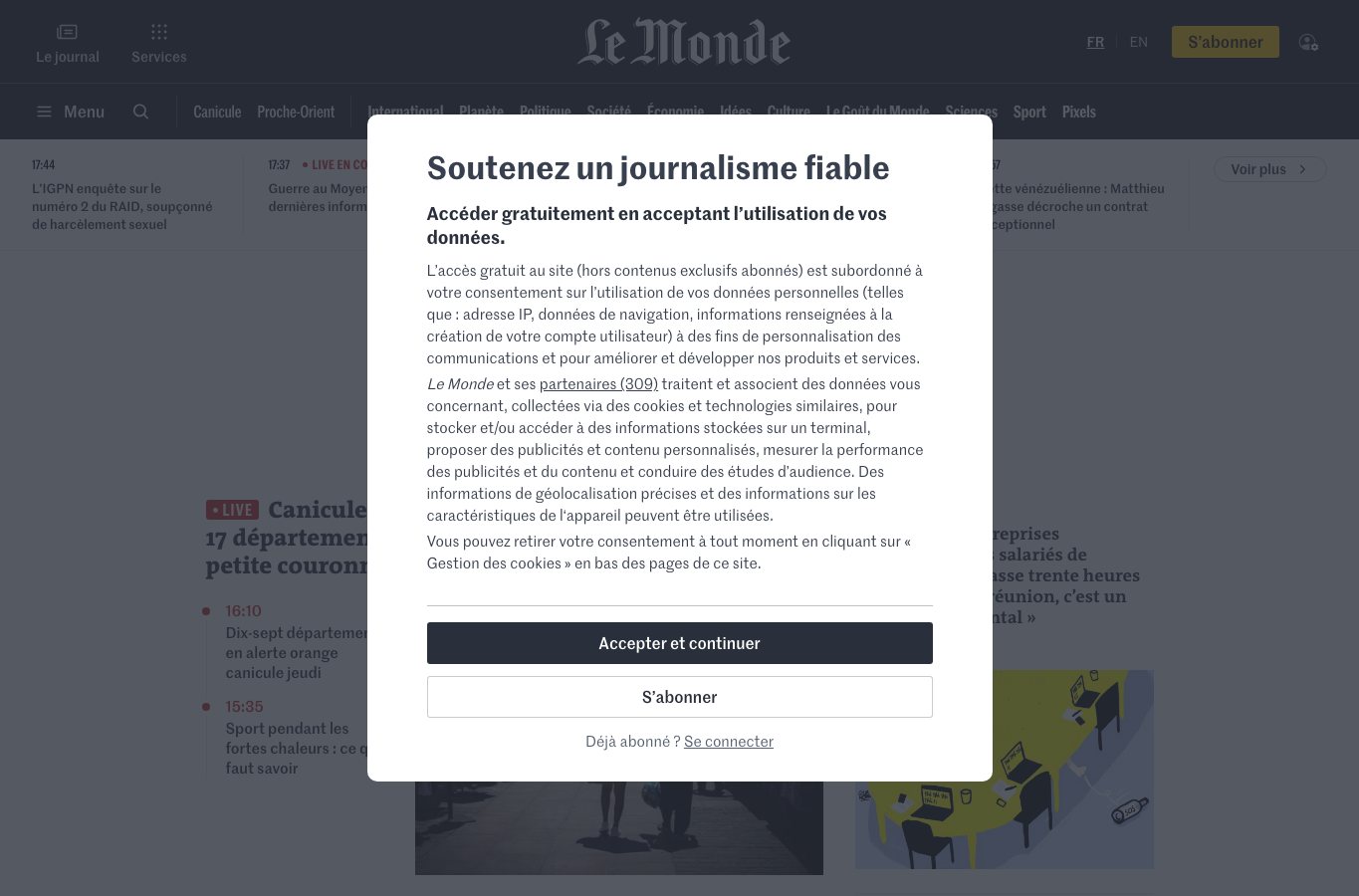Le Monde: Initial consent prompt
