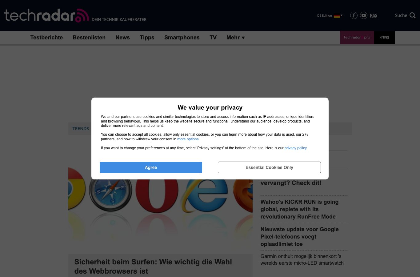 TechRadar: Initial consent prompt